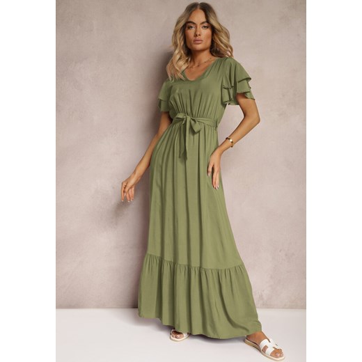 Zielona Sukienka z Bawełny z Gumką w Talii Zdobiona Falbankami z Materiałowym Paskiem Lendolia ze sklepu Renee odzież w kategorii Sukienki - zdjęcie 172657323