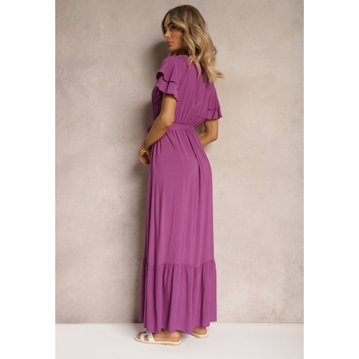 Fioletowa Sukienka z Bawełny z Gumką w Talii Zdobiona Falbankami z Materiałowym Renee S okazyjna cena Renee odzież