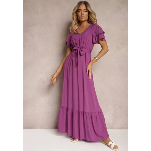 Fioletowa Sukienka z Bawełny z Gumką w Talii Zdobiona Falbankami z Materiałowym Renee M promocyjna cena Renee odzież