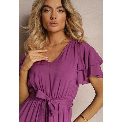 Fioletowa Sukienka z Bawełny z Gumką w Talii Zdobiona Falbankami z Materiałowym Renee S promocyjna cena Renee odzież