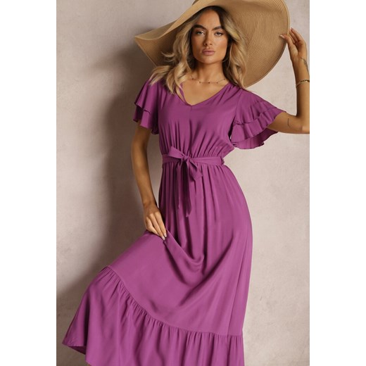 Fioletowa Sukienka z Bawełny z Gumką w Talii Zdobiona Falbankami z Materiałowym Renee M Renee odzież wyprzedaż