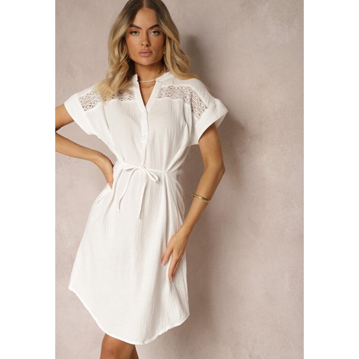 Biała Sukienka na Lato z Bawełny ze Sznureczkiem w Talii Rufalia ze sklepu Renee odzież w kategorii Sukienki - zdjęcie 172657503