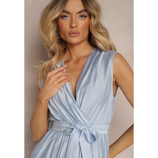 Niebieska Kopertowa Sukienka z Wiskozą Gumką w Pasie i Dodatkowym Materiałowym Renee M Renee odzież promocyjna cena