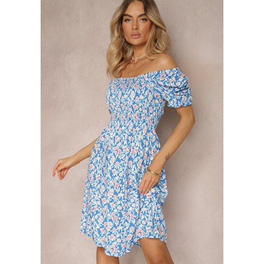 Niebieska Sukienka z Wiskozy Typu Hiszpanka z Marszczoną Górą Pralea ze sklepu Renee odzież w kategorii Sukienki - zdjęcie 172657852