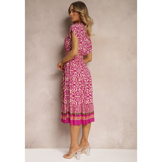 Fioletowa Sukienka z Bawełny z Trójkątnym Dekoltem i Gumką w Talii Zapinana na Renee M okazyjna cena Renee odzież