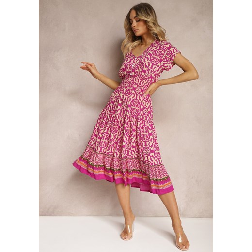 Fioletowa Sukienka z Bawełny z Trójkątnym Dekoltem i Gumką w Talii Zapinana na Renee S Renee odzież promocja