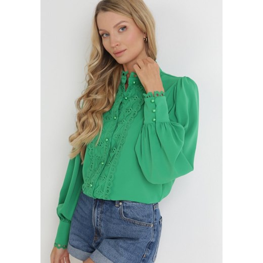 Zielona Koszula z Koronką i Perłami Cassa ze sklepu Born2be Odzież w kategorii Koszule damskie - zdjęcie 172658273