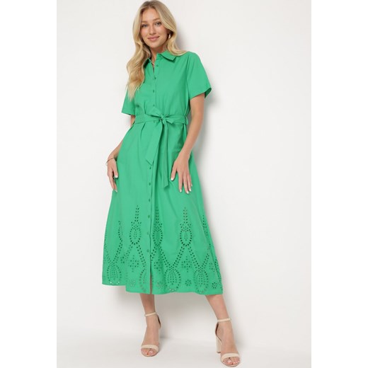 Zielona Ażurowa Sukienka z Bawełny Zapinana na Guziki z Materiałowym Paskiem S promocja Born2be Odzież