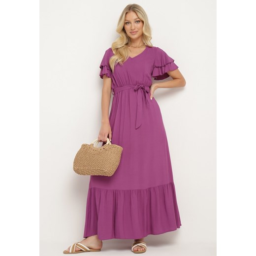 Fioletowa Bawełniana Sukienka z Gumką w Pasie i Materiałowym Paskiem Ozdobiona M Born2be Odzież okazyjna cena