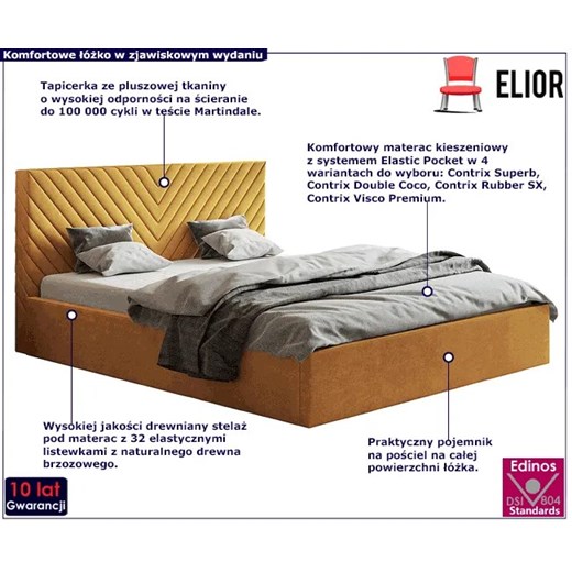 Musztardowe tapicerowane łóżko 160x200 - Nuvell 3X Elior One Size Edinos.pl