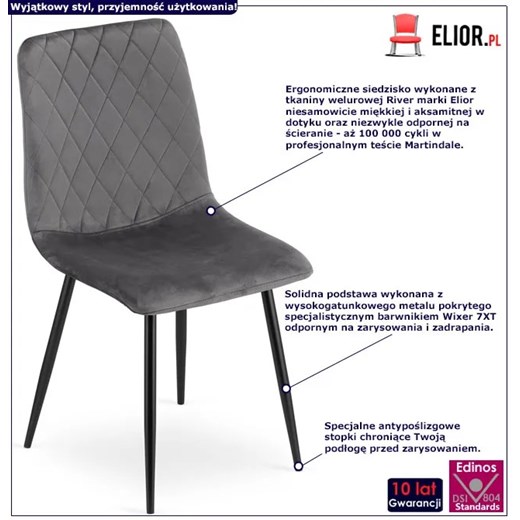 Ciemnoszare metalowe krzesło welurowe do kuchni - Saba 4X Elior One Size Edinos.pl