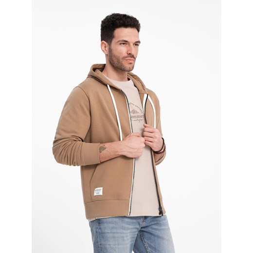 Bluza męska dresowa BASIC rozpinana z kapturem - brązowa V2 OM-SSBZ-0178 XL ombre