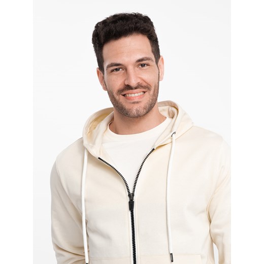 Męska bluza dresowa BASIC rozpinana z kapturem - kremowa V11 OM-SSBZ-0178 S ombre