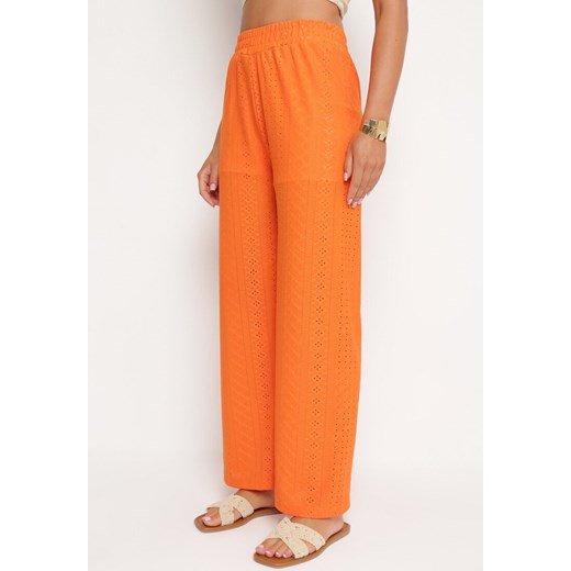 Pomarańczowe Spodnie z Wysokim Stanem i Ażurową Wstawką Brosemia ze sklepu Born2be Odzież w kategorii Spodnie damskie - zdjęcie 172664843
