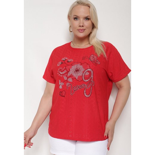 Czerwony Ażurowy T-shirt z Bawełną Ozdobiony Cyrkoniami Deviana ze sklepu Born2be Odzież w kategorii Bluzki damskie - zdjęcie 172998483