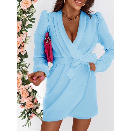 Błękitna przekładana sukienka z ozdobnym wiązaniem Valeries - błękitny ze sklepu pakuten.pl w kategorii Sukienki - zdjęcie 172999642