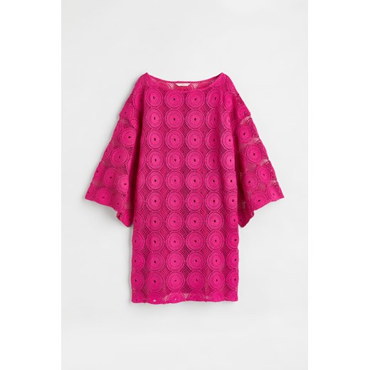 H & M - Trapezowa sukienka o wyglądzie szydełkowej robótki - Różowy H & M XS H&M