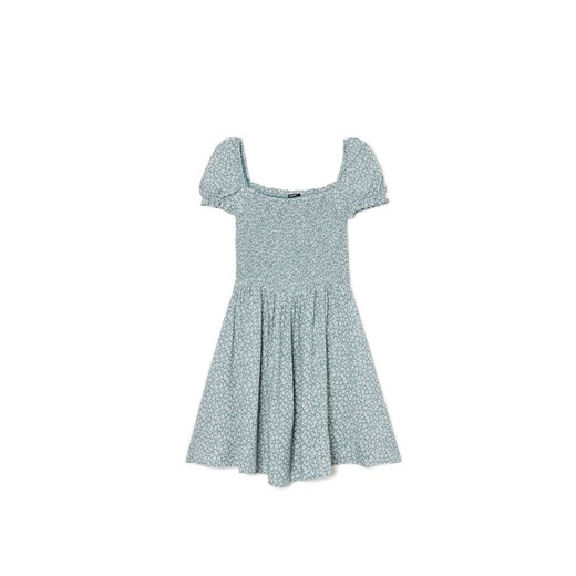 Cropp - Sukienka mini z bufiastymi rękawami i kwiatowym nadrukiem - zielony ze sklepu Cropp w kategorii Sukienki - zdjęcie 173013454