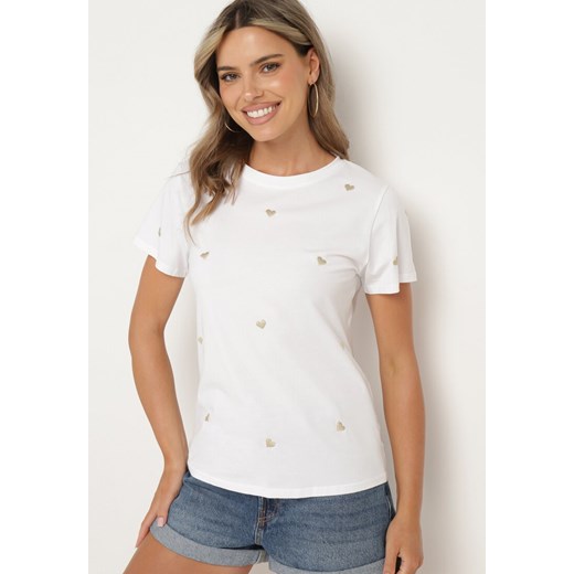 Biały T-shirt Bawełniany z Naszytymi Serduszkami Monolia ze sklepu Born2be Odzież w kategorii Bluzki damskie - zdjęcie 173023602