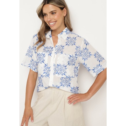 Biało-Niebieska Haftowana Koszula z Bawełny w Ornamentalny Wzór Cevila ze sklepu Born2be Odzież w kategorii Koszule damskie - zdjęcie 173029040