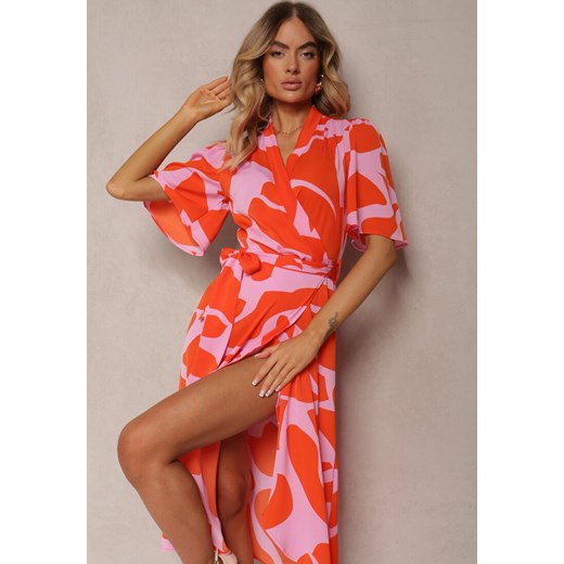 Pomarańczowa Sukienka o Kopertowym Fasonie z Wiązaniem w Talii Uzilena Renee XL Renee odzież okazja