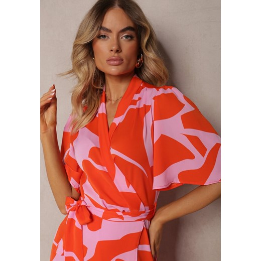 Pomarańczowa Sukienka o Kopertowym Fasonie z Wiązaniem w Talii Uzilena Renee XL wyprzedaż Renee odzież