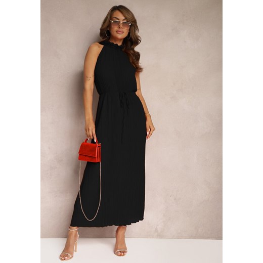 Czarna Sukienka z Dekoltem Typu Halter z Materiałowym Paskiem w Talii i Aplikacjami 3D Dimnnia ze sklepu Renee odzież w kategorii Sukienki - zdjęcie 173118243