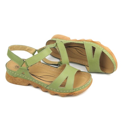 Skórzane sandały damskie na platformie - HELIOS Komfort 248, zielone Helios Komfort 38 ulubioneobuwie