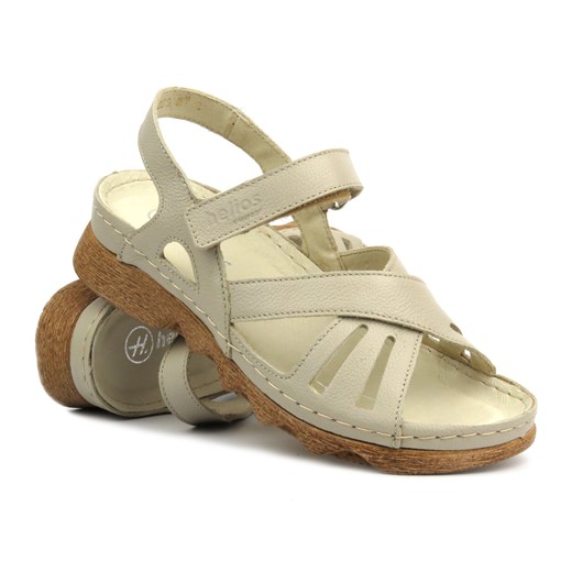 Skórzane sandały damskie na żłobionej podeszwie - HELIOS Komfort 256, ecru ze sklepu ulubioneobuwie w kategorii Sandały damskie - zdjęcie 173121083