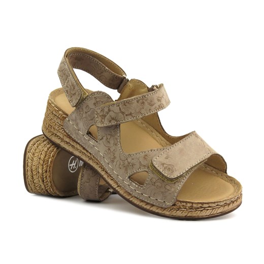 Skórzane sandały damskie na rzepy - Helios 138, beżowe ze sklepu ulubioneobuwie w kategorii Sandały damskie - zdjęcie 173121092