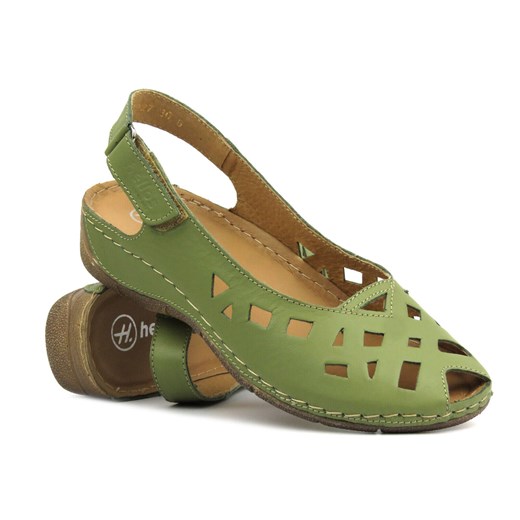 Skórzane sandały damskie z wycięciami - Helios Komfort 4027, zielone ze sklepu ulubioneobuwie w kategorii Sandały damskie - zdjęcie 173121093