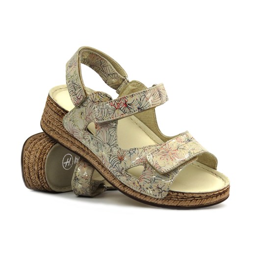 Skórzane sandały damskie na rzepy - Helios 138, ecru w kwiaty ze sklepu ulubioneobuwie w kategorii Sandały damskie - zdjęcie 173121120