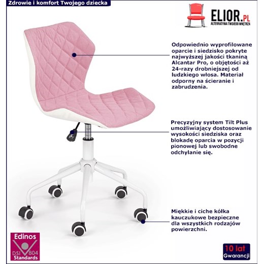 Różowy młodzieżowy fotel do biurka pikowany - Kartex 3X Elior One Size Edinos.pl