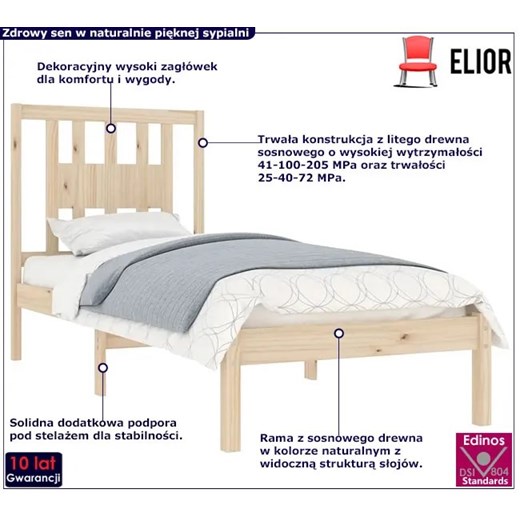 Pojedyncze naturalne łóżko sosnowe 90x200 - Basel 3X Elior One Size wyprzedaż Edinos.pl