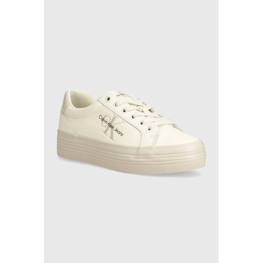 Calvin Klein Jeans sneakersy skórzane VULC FLATFORM LACEUP LTH kolor beżowy YW0YW01474 ze sklepu ANSWEAR.com w kategorii Buty sportowe damskie - zdjęcie 173122841