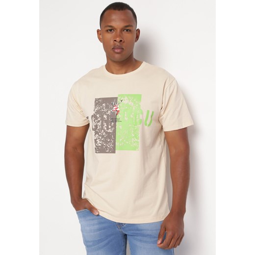 Beżowa Bawełniana Koszulka T-Shirt z Krótkim Rękawem i Ozdobnym Nadrukiem Branessa ze sklepu Born2be Odzież w kategorii T-shirty męskie - zdjęcie 173123921