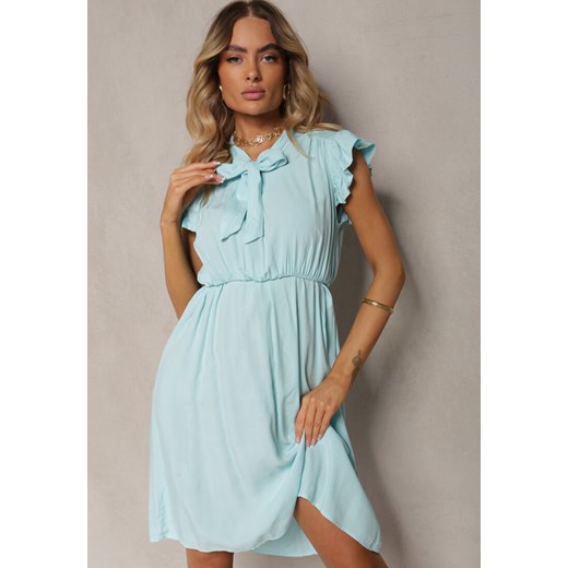 Jasnoniebieska Sukienka Rozkloszowana z Gumką w Talii i Wiązaniem przy Dekolcie Renee XL promocja Renee odzież