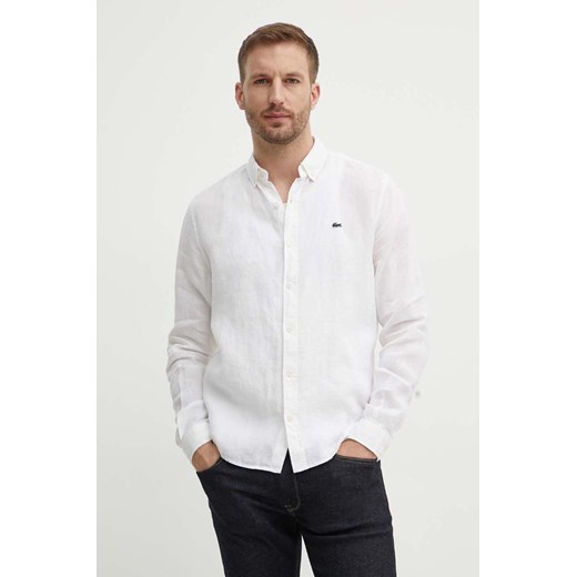 Lacoste koszula lniana kolor biały regular z kołnierzykiem button-down CH5692T ze sklepu ANSWEAR.com w kategorii Koszule męskie - zdjęcie 173133402