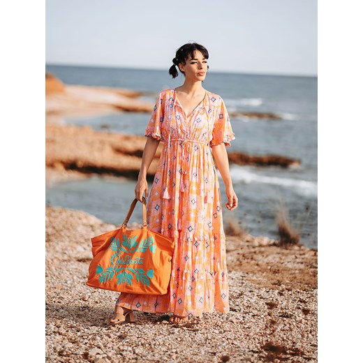 Sukienka Isla Bonita By Sigris z bawełny na wiosnę pomarańczowy z krótkim rękawem w serek boho 