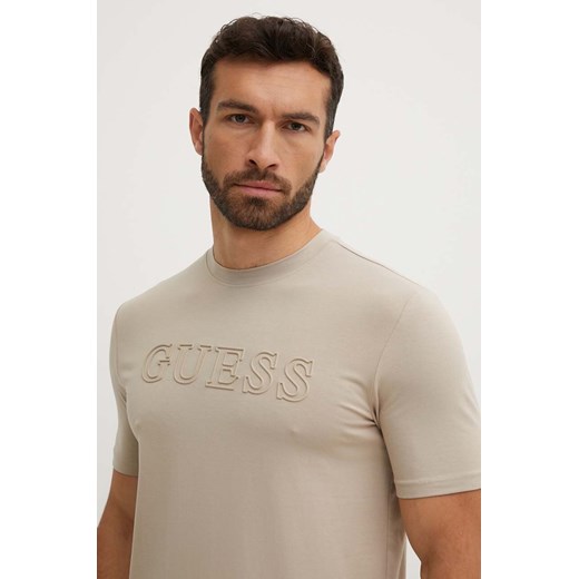 Guess t-shirt ALPHY męski kolor beżowy z aplikacją Z2YI11 J1314 ze sklepu ANSWEAR.com w kategorii T-shirty męskie - zdjęcie 173140612