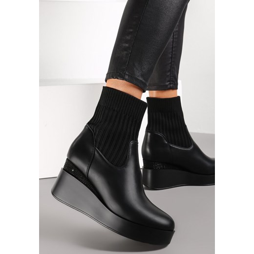 Czarne Botki z Elastyczną Cholewką na Koturnie Sesezi Renee 40 renee.pl