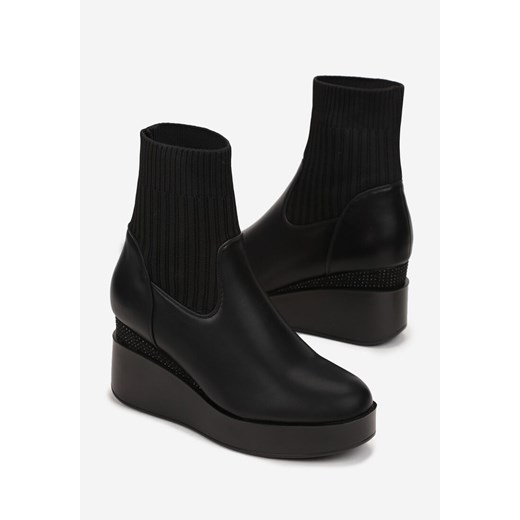 Czarne Botki z Elastyczną Cholewką na Koturnie Sesezi Renee 41 renee.pl