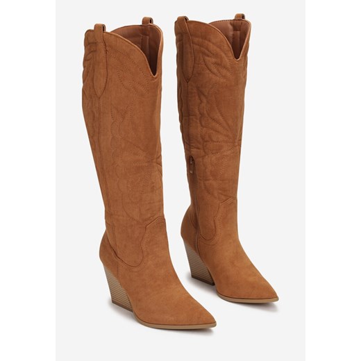 Brązowe Kozaki Kowbojki z Haftem na Stożkowym Obcasie Virve Renee 40 renee.pl