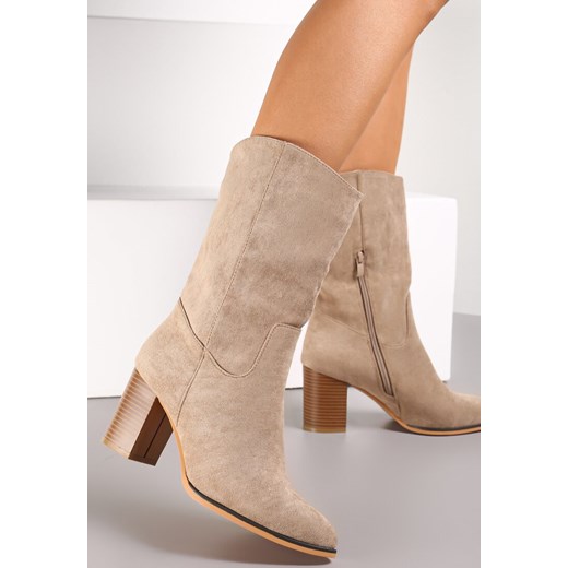 Ciemnobeżowe Botki na Słupku ze Szpiczastym Noskiem Lyrla Renee 40 renee.pl