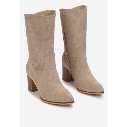Ciemnobeżowe Botki na Słupku ze Szpiczastym Noskiem Lyrla Renee 38 renee.pl