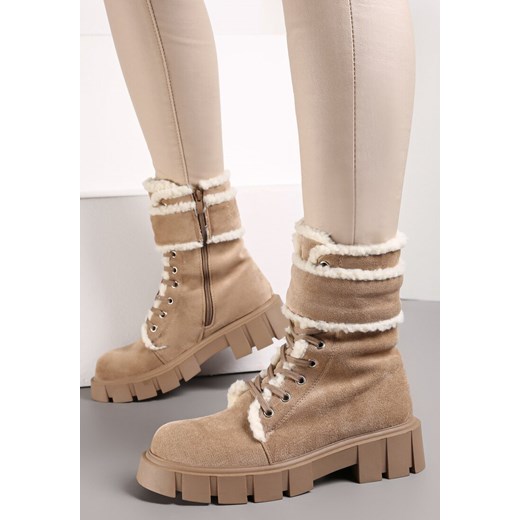 Ciemnobeżowe Botki Workery na Grubej Podeszwie z Futerkiem Valiro ze sklepu renee.pl w kategorii Workery damskie - zdjęcie 173162660