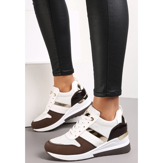 Biało-Brązowe Sznurowane Sneakersy z Ozdobnymi Wstawkami i Koturnem Zharo ze sklepu renee.pl w kategorii Buty sportowe damskie - zdjęcie 173163042