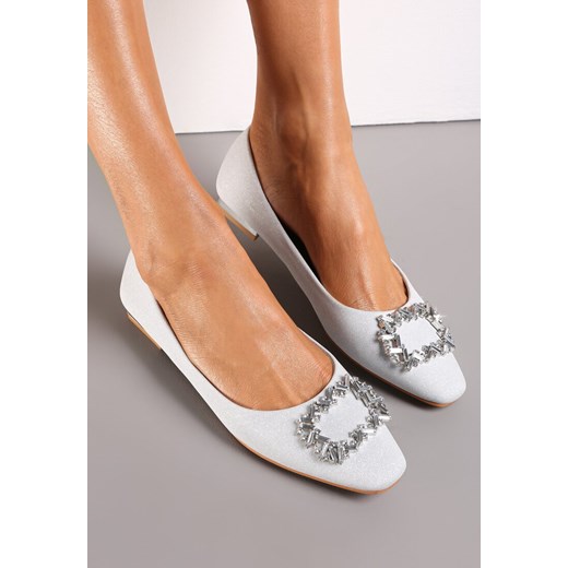 Srebrne Balerinki z Kwadratowym Noskiem i Klamerką z Cyrkoniami i Kryształami Renee 36 renee.pl