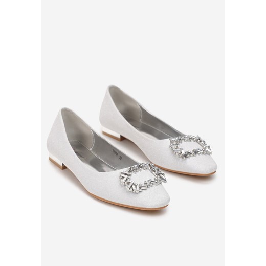 Srebrne Balerinki z Kwadratowym Noskiem i Klamerką z Cyrkoniami i Kryształami Renee 37 renee.pl