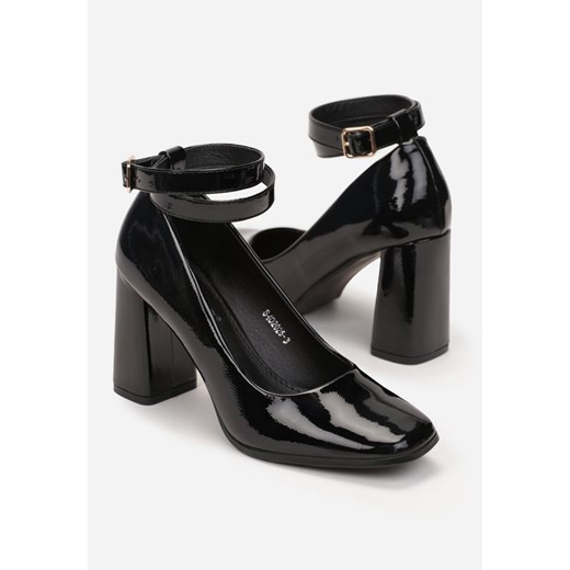 Czarne Lakierowane Czółenka na Słupkowym Obcasie z Kwadratowym Noskiem Stethy Renee 36 renee.pl